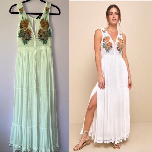Lulu's XXS Maxi Dress White Embroidered Floral Vacation Cottage Coastal Boho - Picture 1 of 14